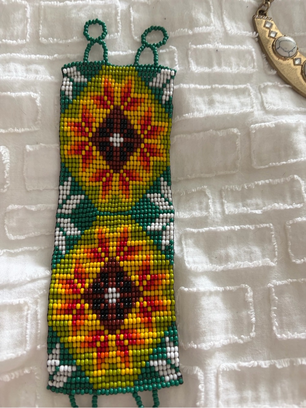 Handmade Seed Bead Floral Bracelet in Green and Yellow